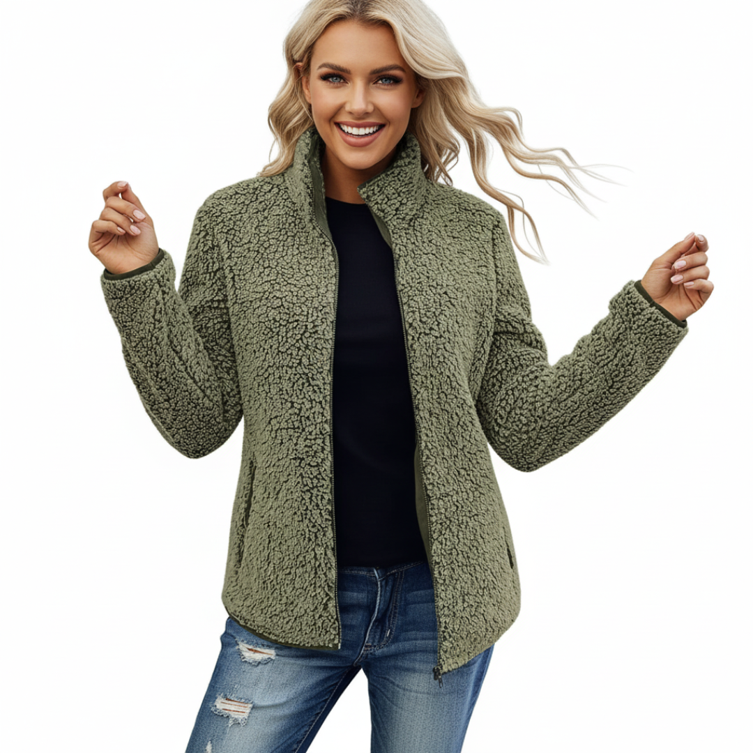 Fleece Teddy Jacke Damen | Klassische Freizeitjacke mit Reißverschluss
