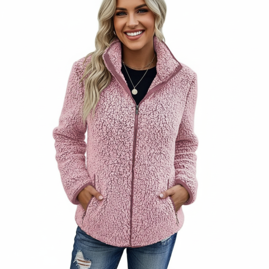 Fleece Teddy Jacke Damen | Klassische Freizeitjacke mit Reißverschluss