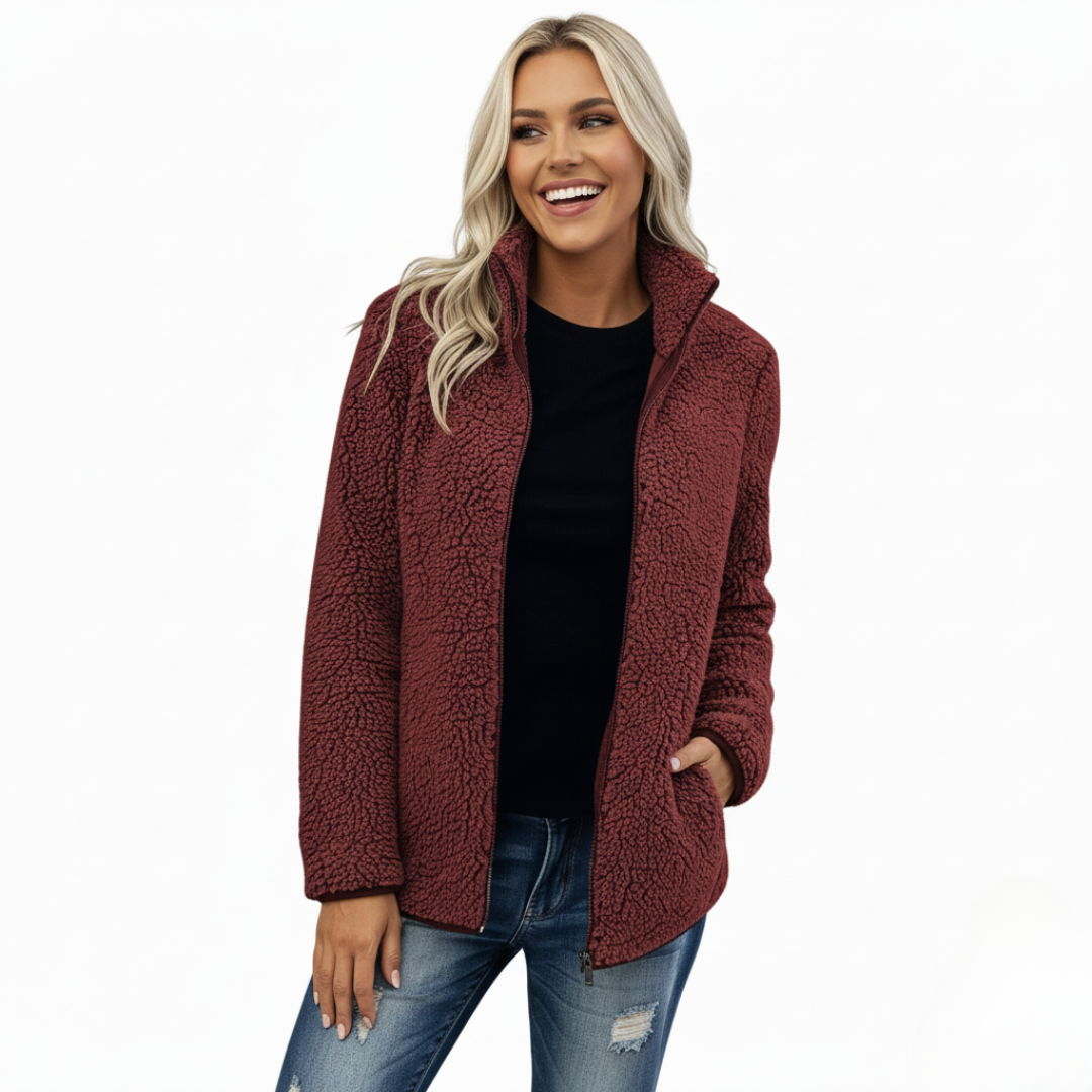 Fleece Teddy Jacke Damen | Klassische Freizeitjacke mit Reißverschluss
