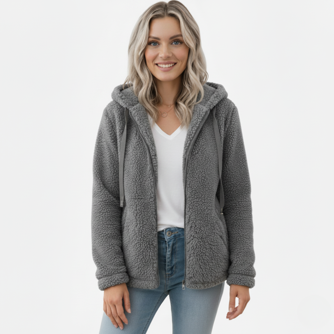 Reißverschlusstaschen Teddy Jacke für Damen | Flauschige Winterjacke