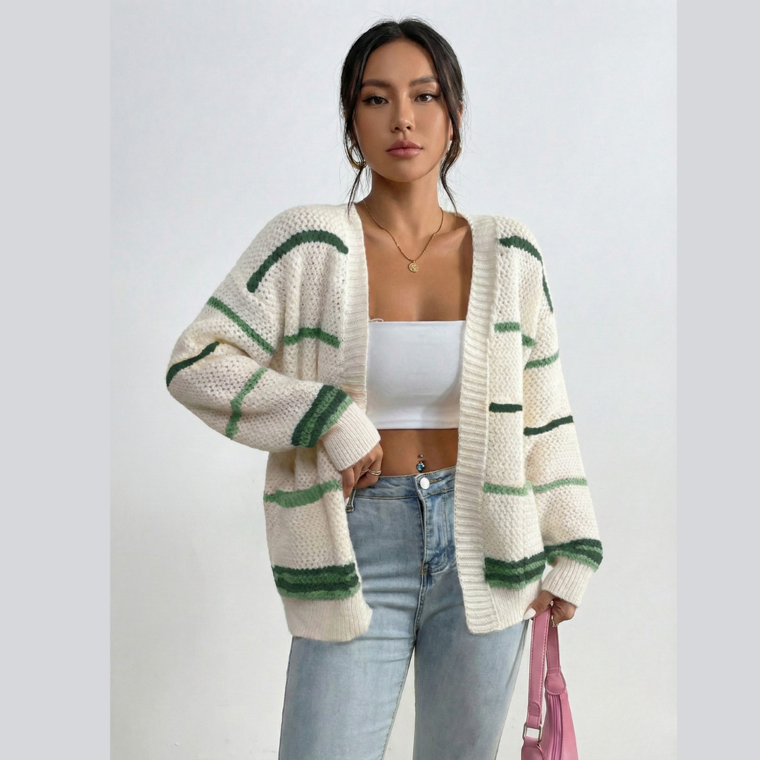 Gestreifter Oversize Strickjacke damen | Offene Front