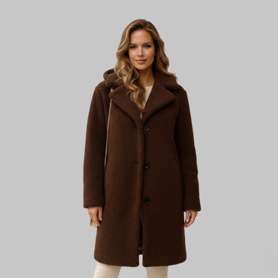 Damen-Langer Teddy-Mantel mit Knopfverschluss | Reverskragen