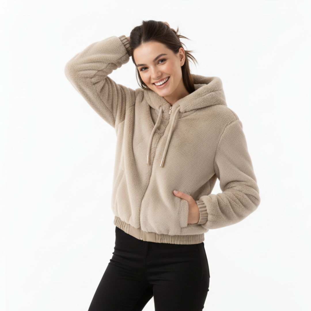 Women's Plush Teddy Jacket | With Hood and Zipper