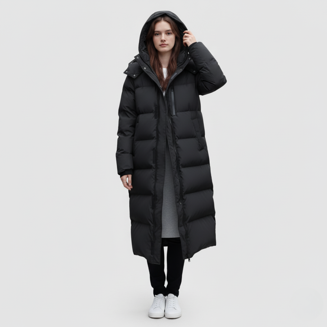 Lange Winter Pufferjacke Damen mit Kapuze | Isolierende Außenschicht