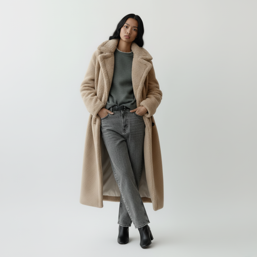 Langer Teddy Mantel für Damen | Mit Knopfverschluss