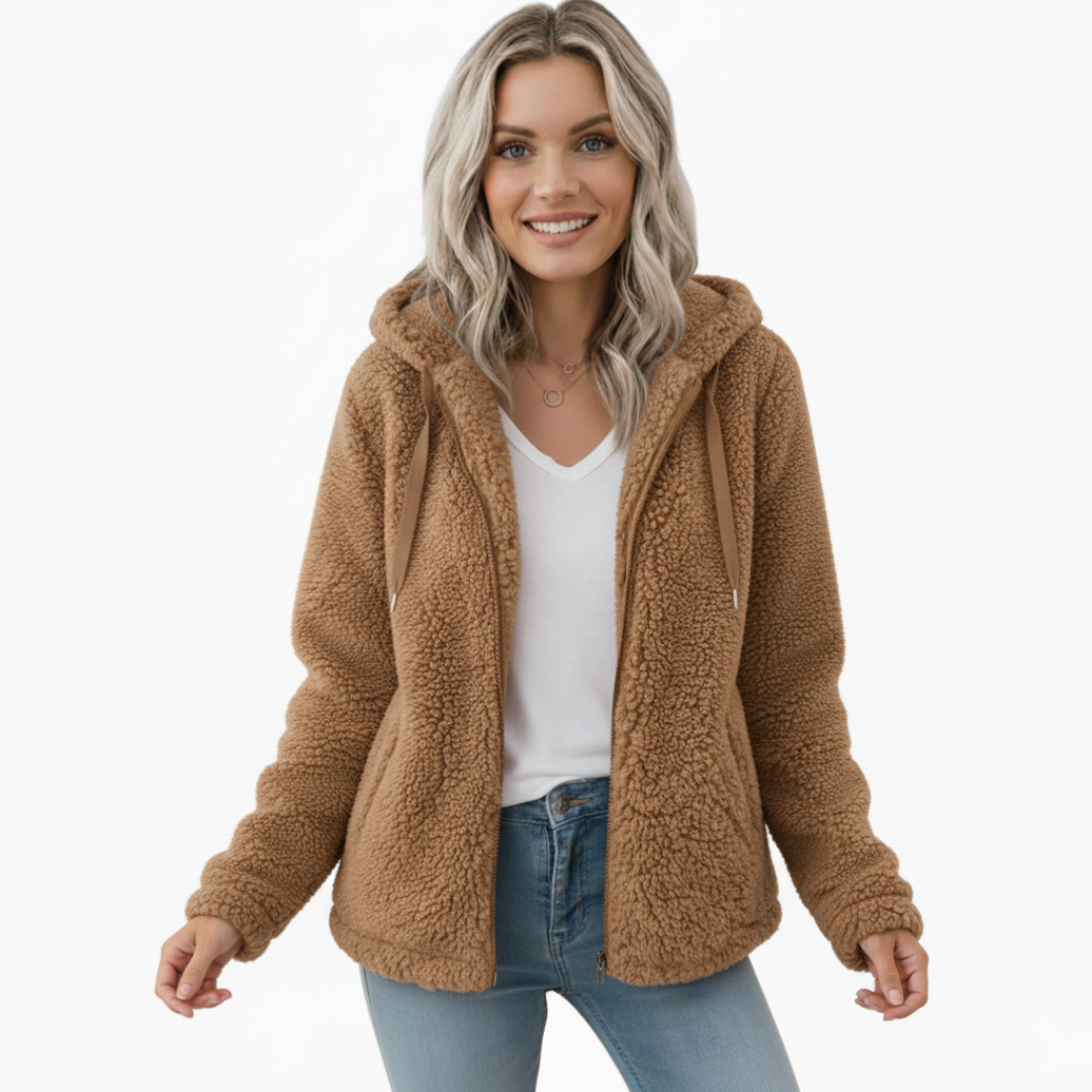 Reißverschlusstaschen Teddy Jacke für Damen | Flauschige Winterjacke