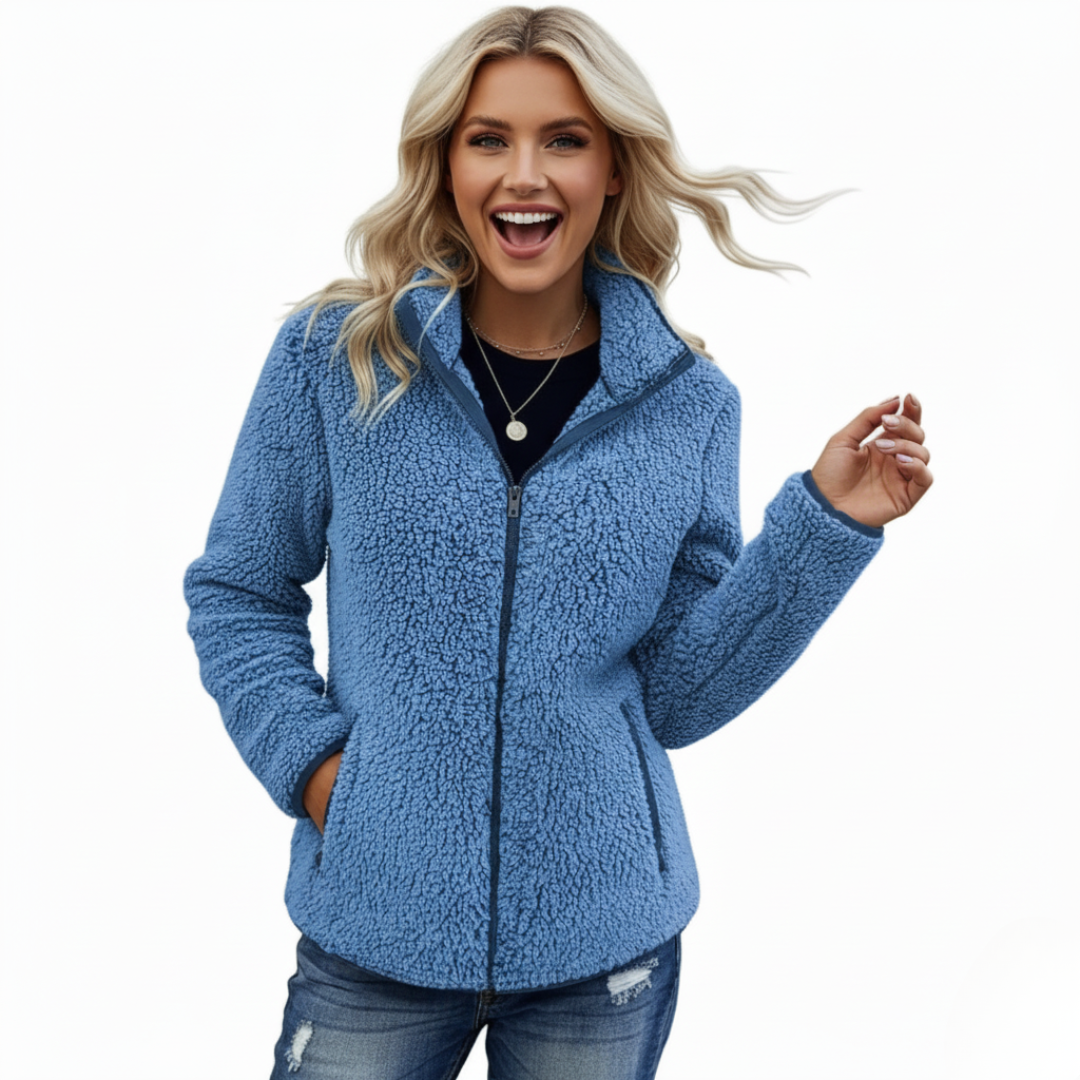 Fleece Teddy Jacke Damen | Klassische Freizeitjacke mit Reißverschluss