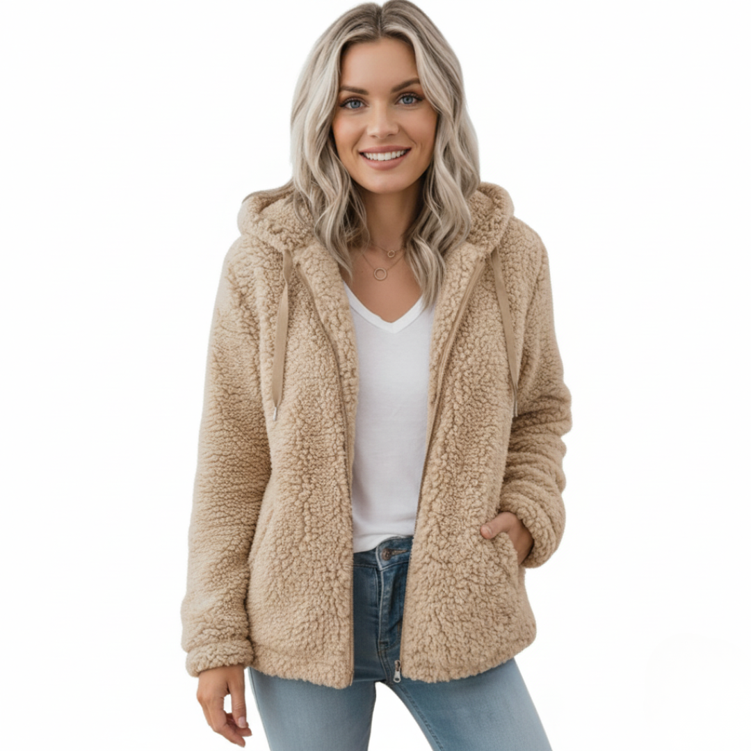 Reißverschlusstaschen Teddy Jacke für Damen | Flauschige Winterjacke