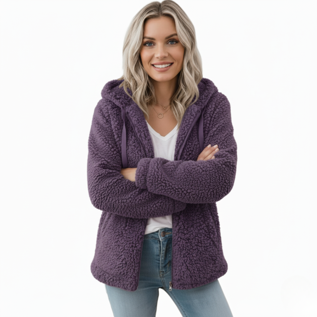 Reißverschlusstaschen Teddy Jacke für Damen | Flauschige Winterjacke