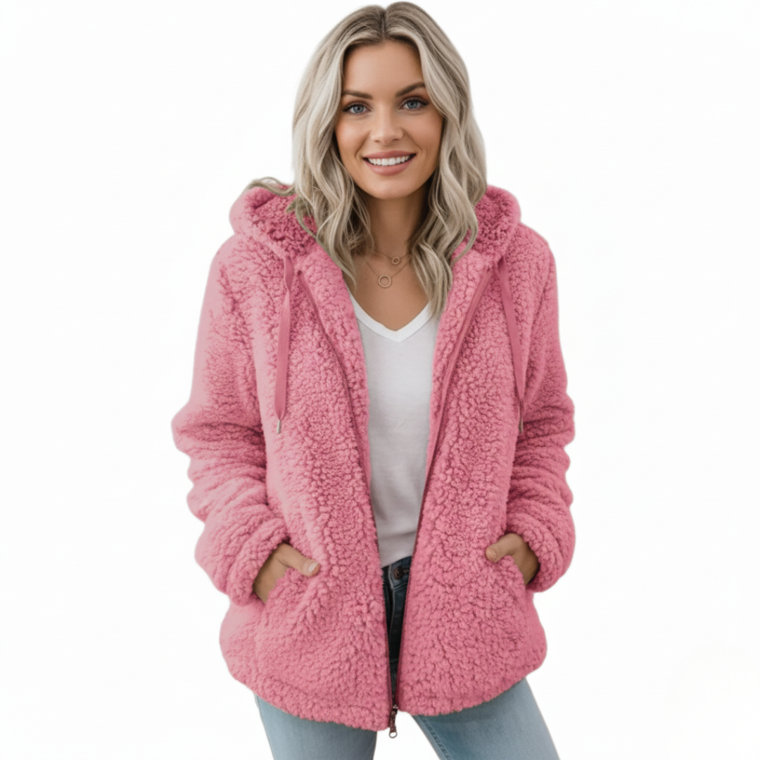 Reißverschlusstaschen Teddy Jacke für Damen | Flauschige Winterjacke