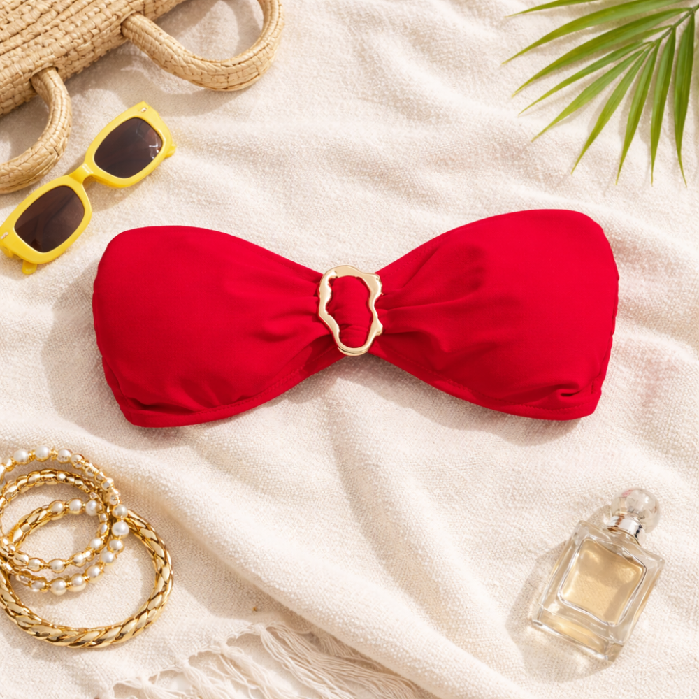 Bandeau Bikini Set for Women – Strapless Underwire Thong Two Piece Swimwear with Tropical Print