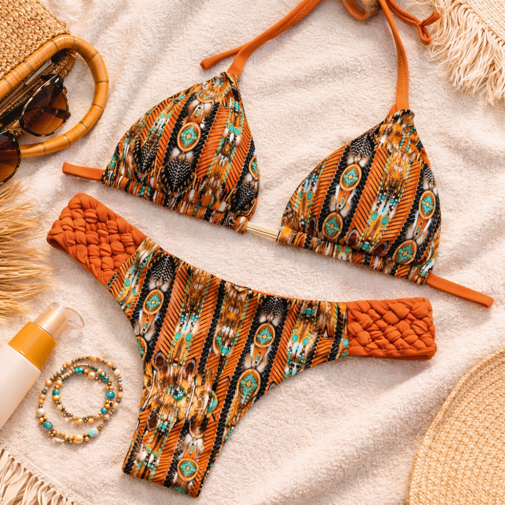 Bedrucktes Zweiteiliges Bikini-Set für Damen | Rückenfrei