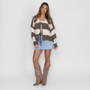 Gestreifter V-Ausschnitt Strickjacke für Damen | Schleifendetail