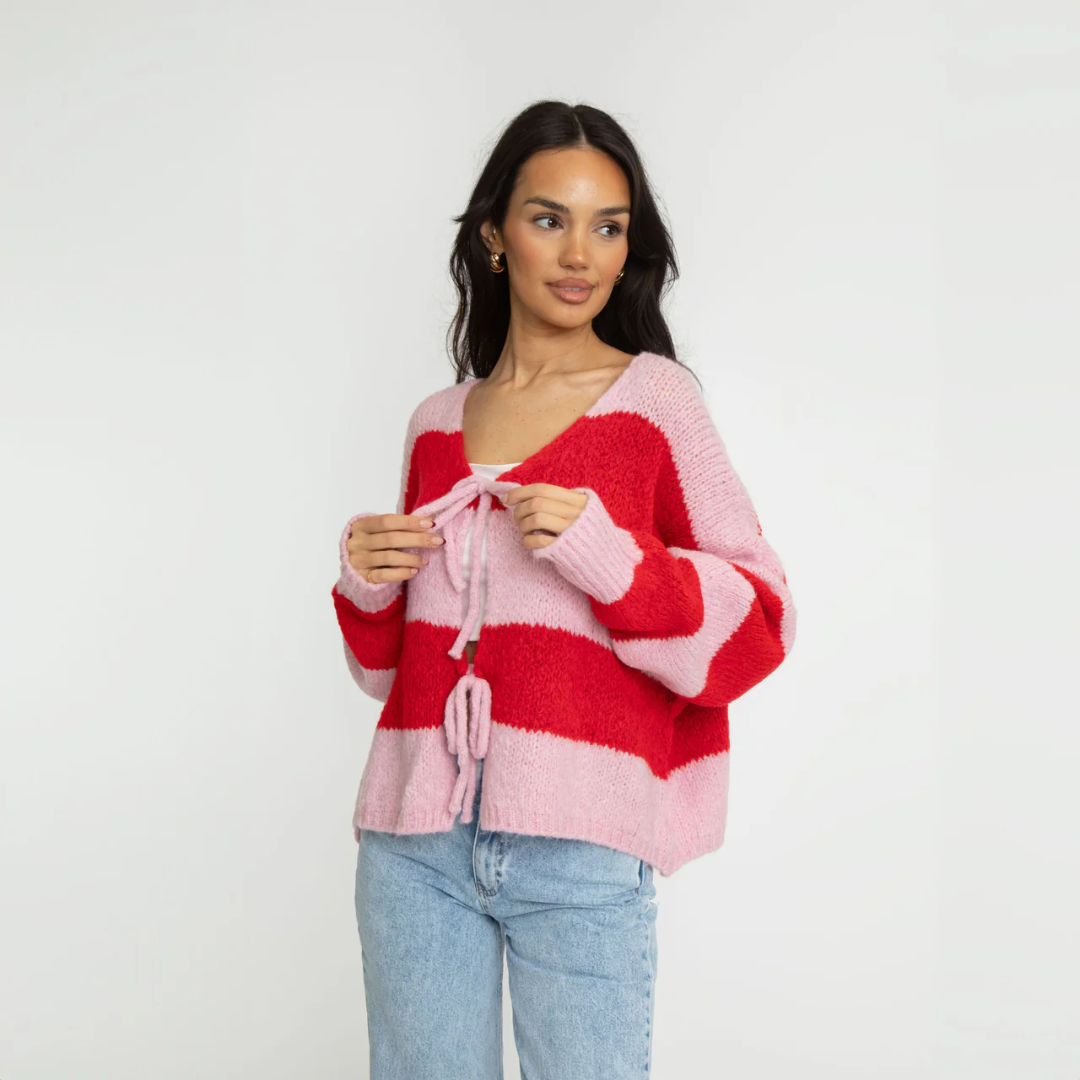 Gestreifter V-Ausschnitt Strickjacke für Damen | Schleifendetail