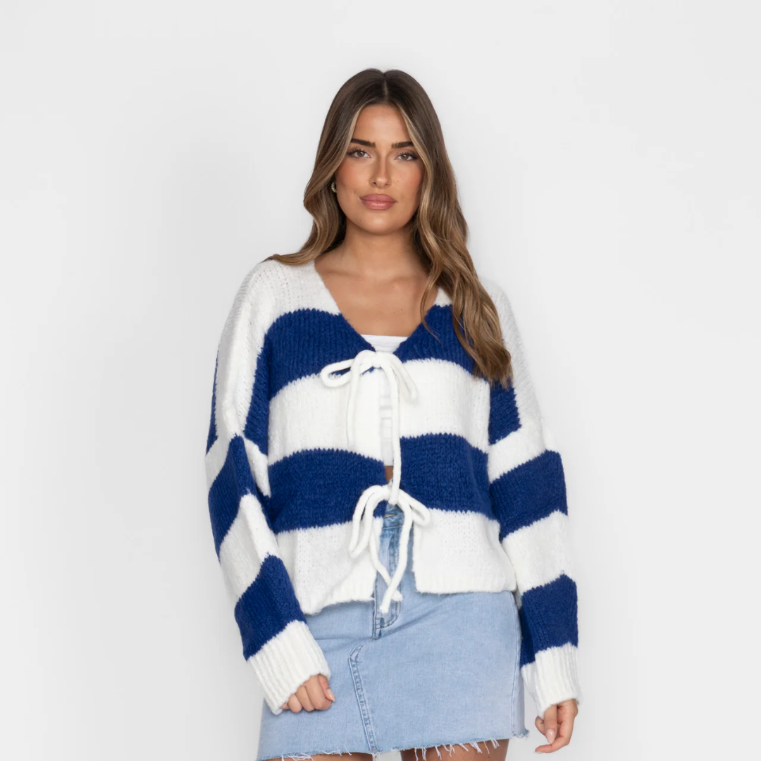 Gestreifter V-Ausschnitt Strickjacke für Damen | Schleifendetail