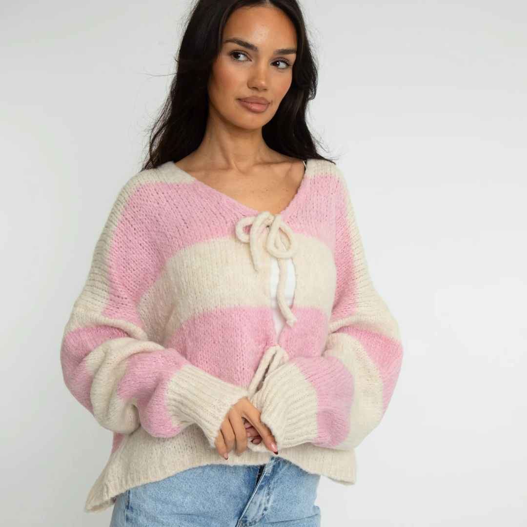 Gestreifter V-Ausschnitt Strickjacke für Damen | Schleifendetail
