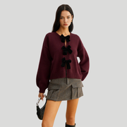 Damen Pullover mit Samtschleife | Laternenärmel Strickstil