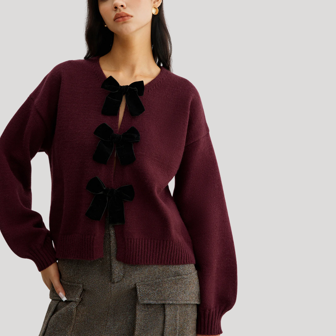 Damen Pullover mit Samtschleife | Laternenärmel Strickstil