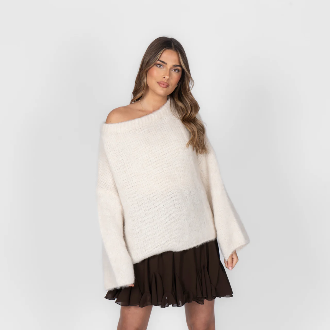 Schulterfreies Pullover für Damen | Gerippter Saum