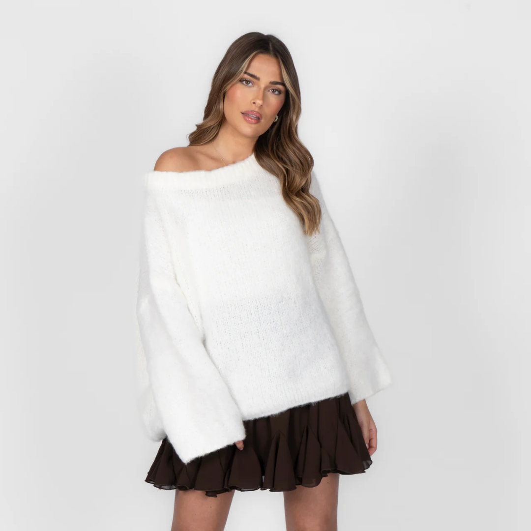 Schulterfreies Pullover für Damen | Gerippter Saum