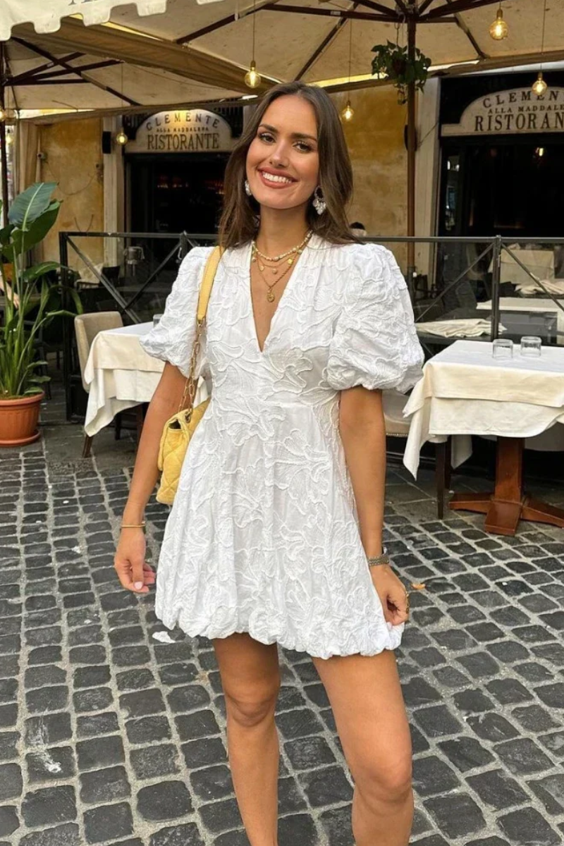 Embroidered White Midi Summer Dress for Women – Ruffle Detail Textured Dress