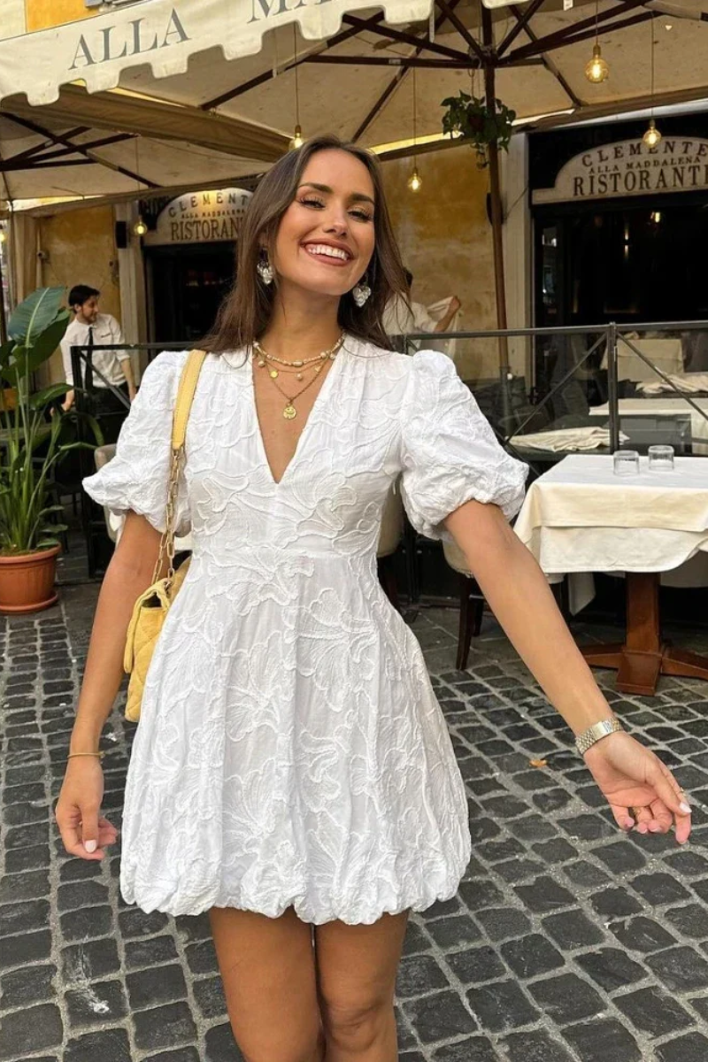 Embroidered White Midi Summer Dress for Women – Ruffle Detail Textured Dress