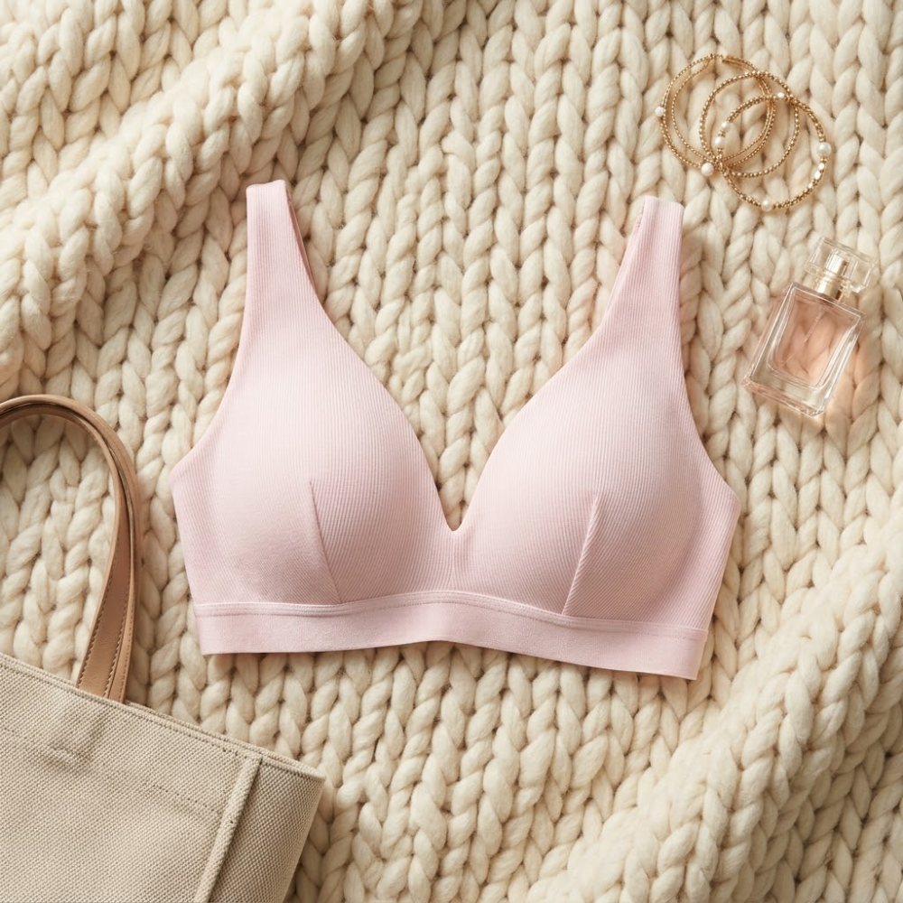 Ribbed Bralette for Women – Wireless V Neck Comfort Bra with Removable Pads