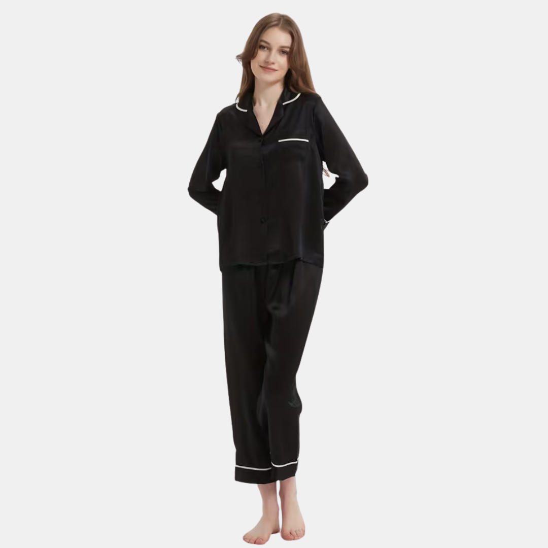 Seiden-Nachtwäsche Gestreiftes Langarm Zweiteiler Set für Damen | Zweiteilig