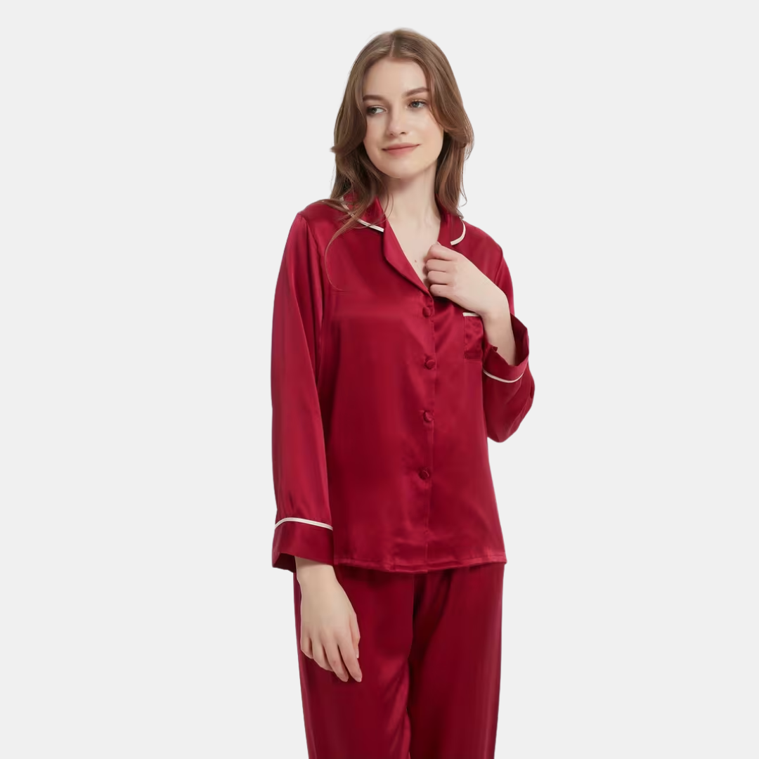 Seiden-Nachtwäsche Gestreiftes Langarm Zweiteiler Set für Damen | Zweiteilig