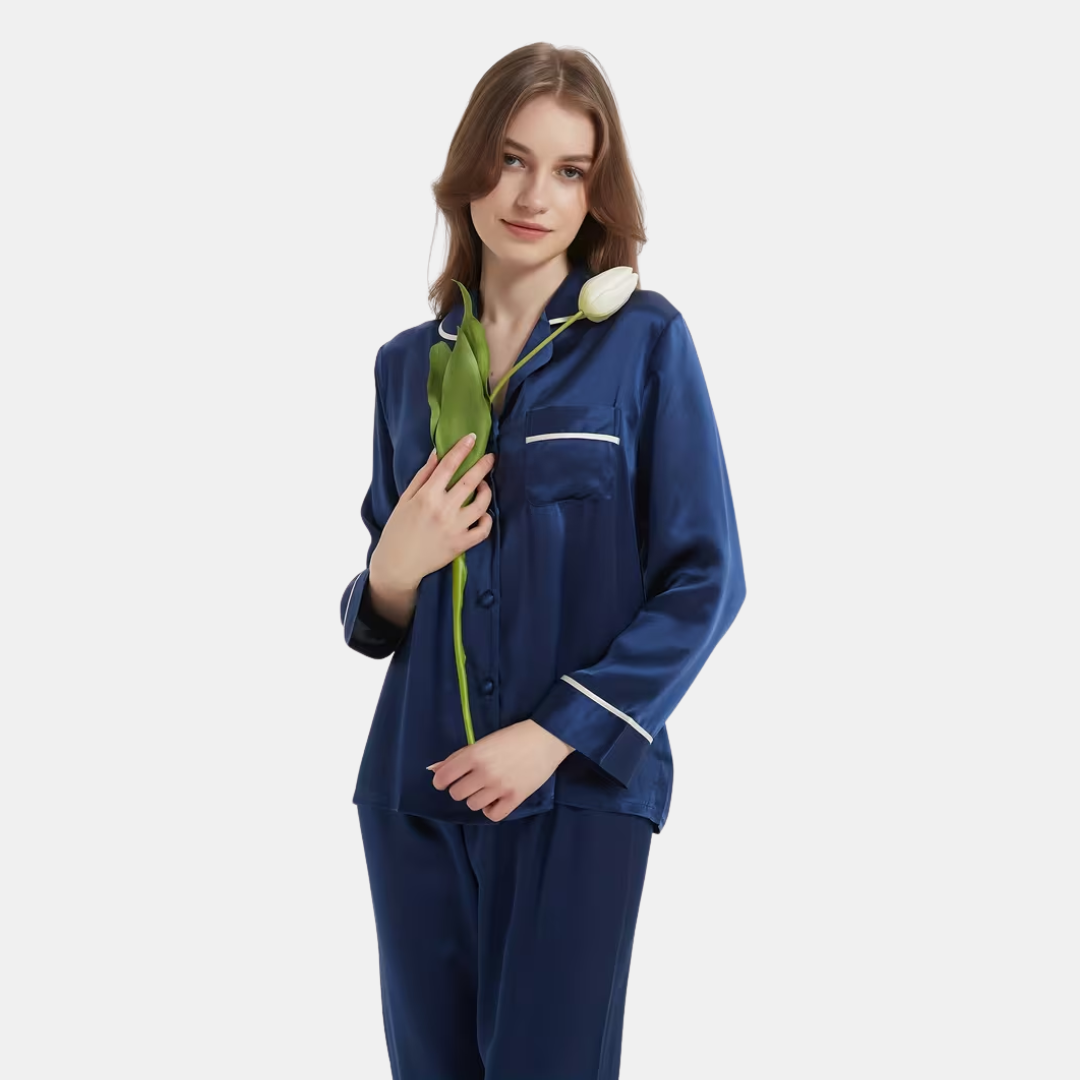 Seiden-Nachtwäsche Gestreiftes Langarm Zweiteiler Set für Damen | Zweiteilig