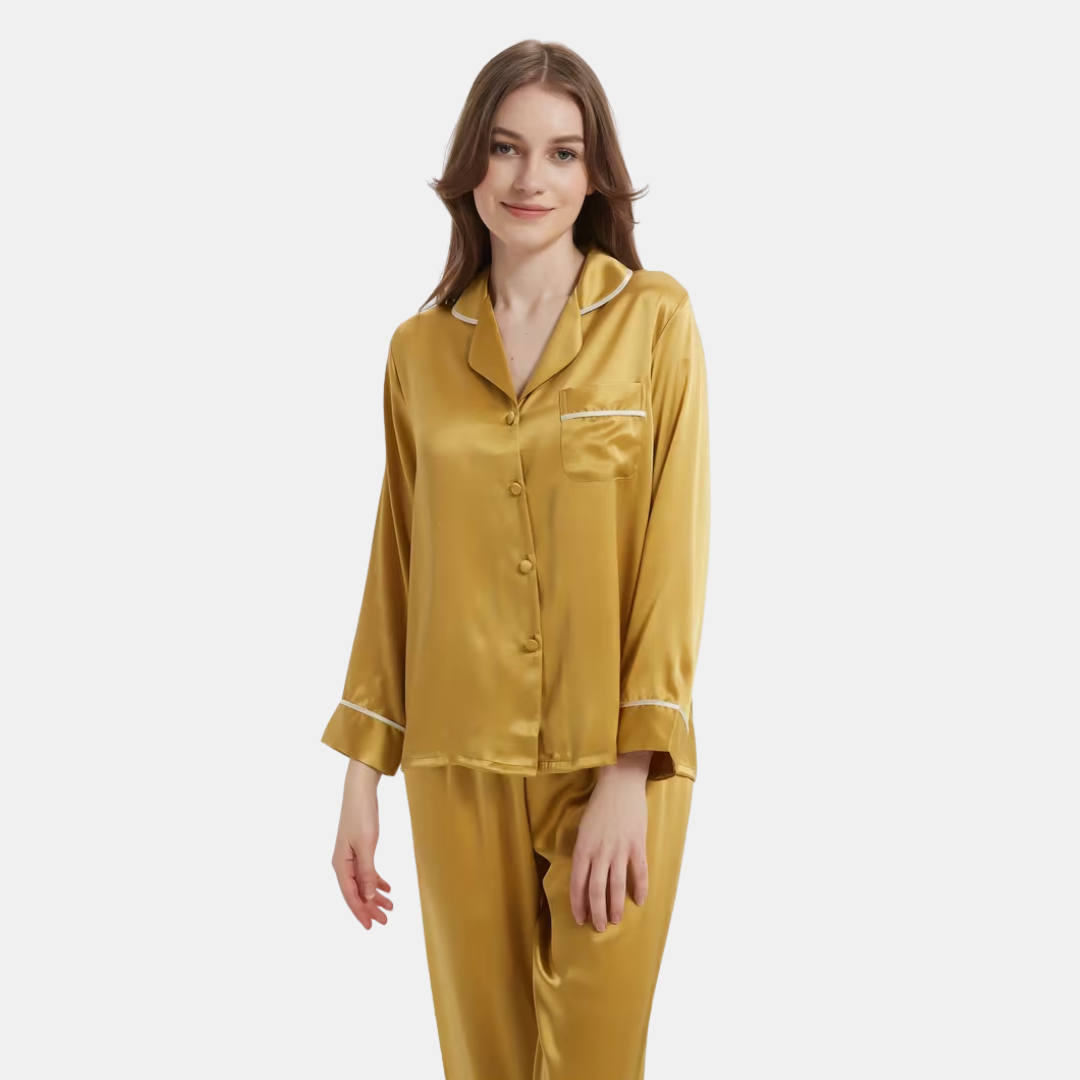 Seiden-Nachtwäsche Gestreiftes Langarm Zweiteiler Set für Damen | Zweiteilig