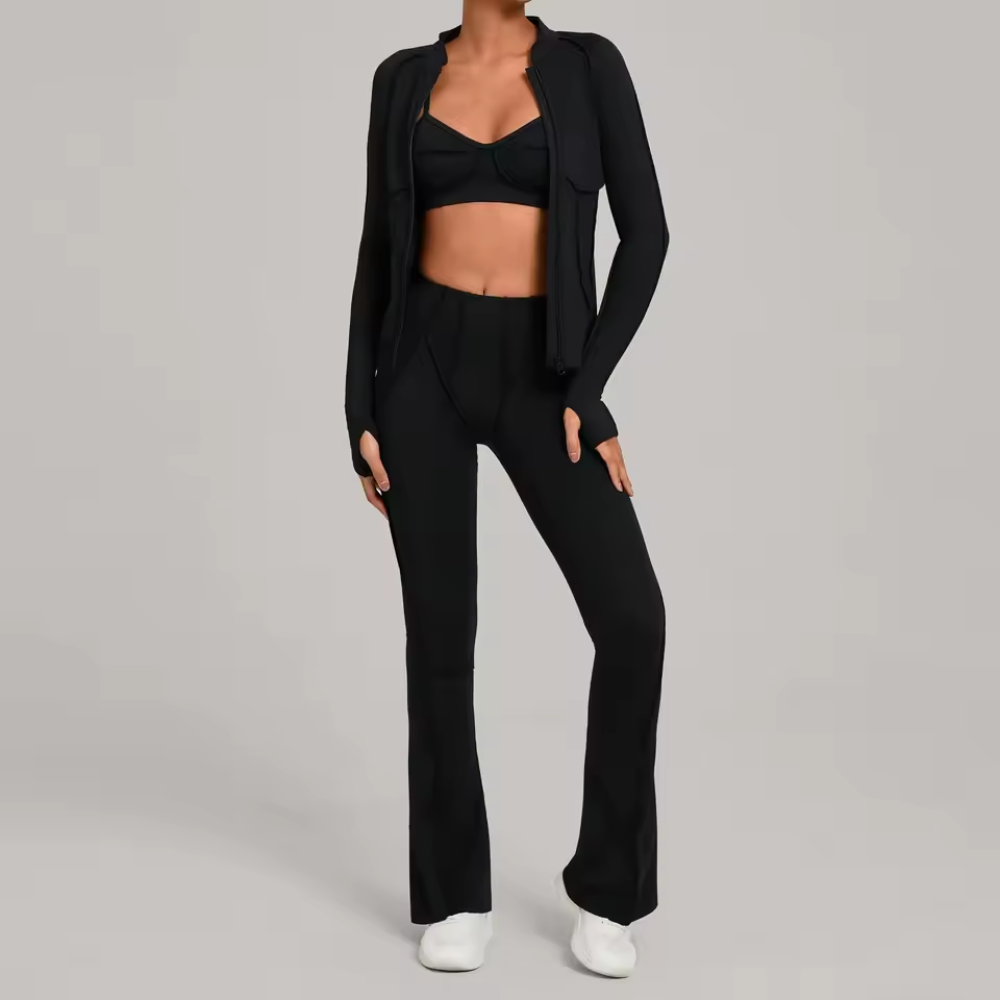 Gym Casual Yoga Set für Damen | 3-Teilig Zipper-Jacke, BH & Hose