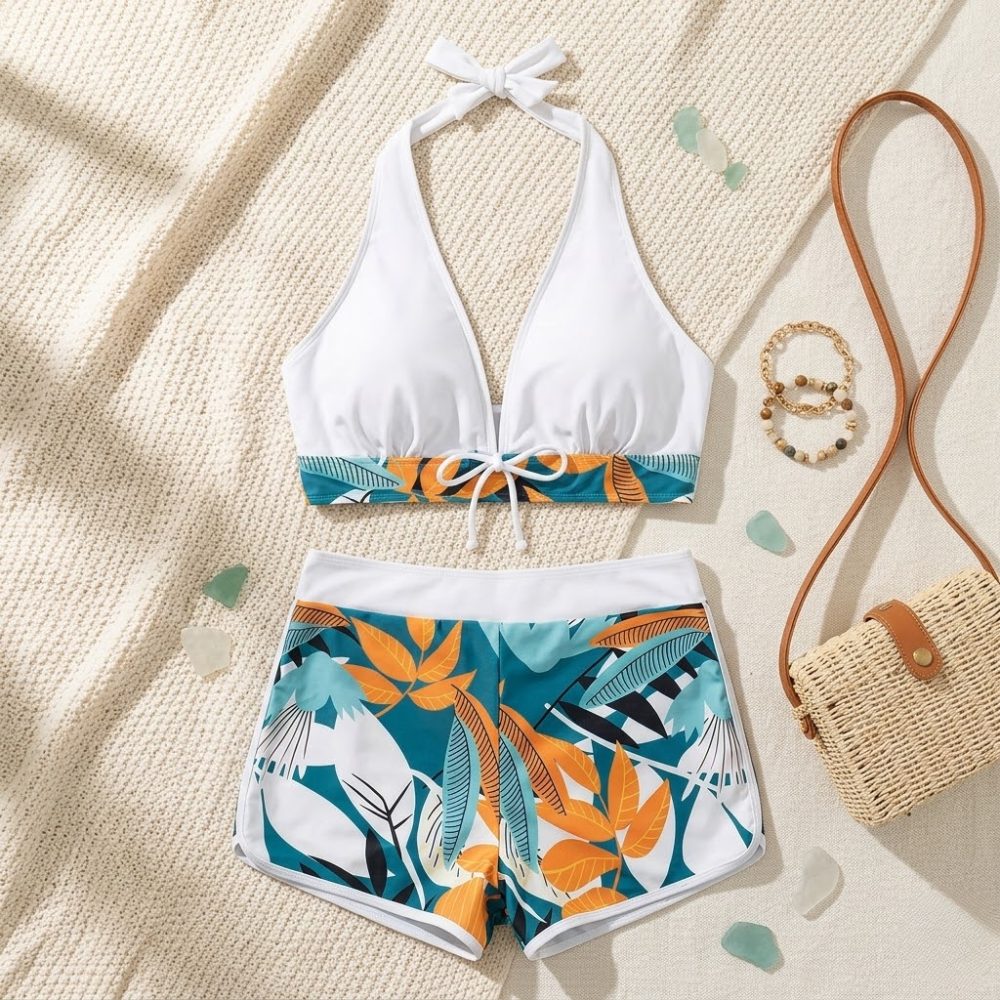 Halter Neck High Waist Bikini Set for Women – Printed Two Piece Swimwear