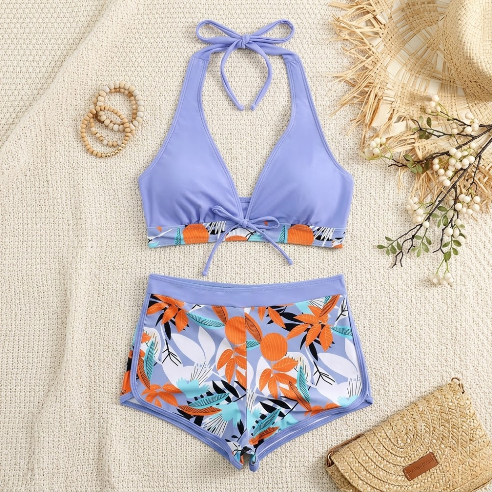 Halter Neck High Waist Bikini Set for Women – Printed Two Piece Swimwear