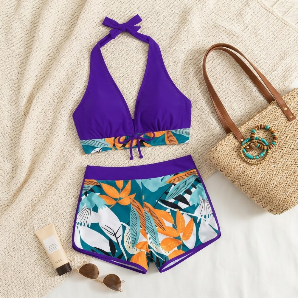 Halter Neck High Waist Bikini Set for Women – Printed Two Piece Swimwear