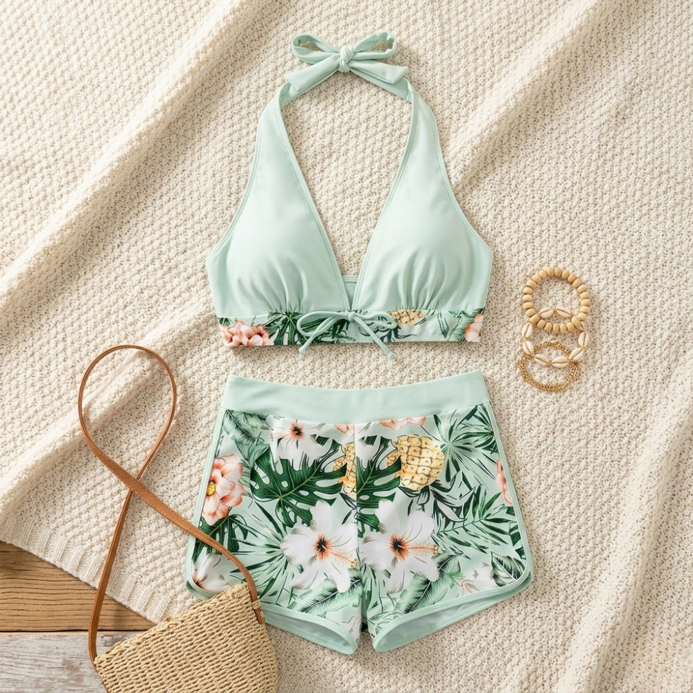 Halter Neck High Waist Bikini Set for Women – Printed Two Piece Swimwear