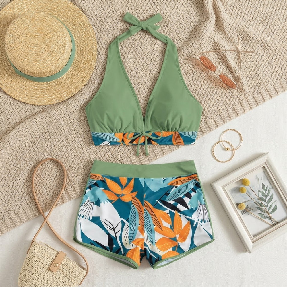 Halter Neck High Waist Bikini Set for Women – Printed Two Piece Swimwear
