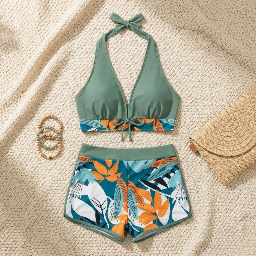 Halter Neck High Waist Bikini Set for Women – Printed Two Piece Swimwear