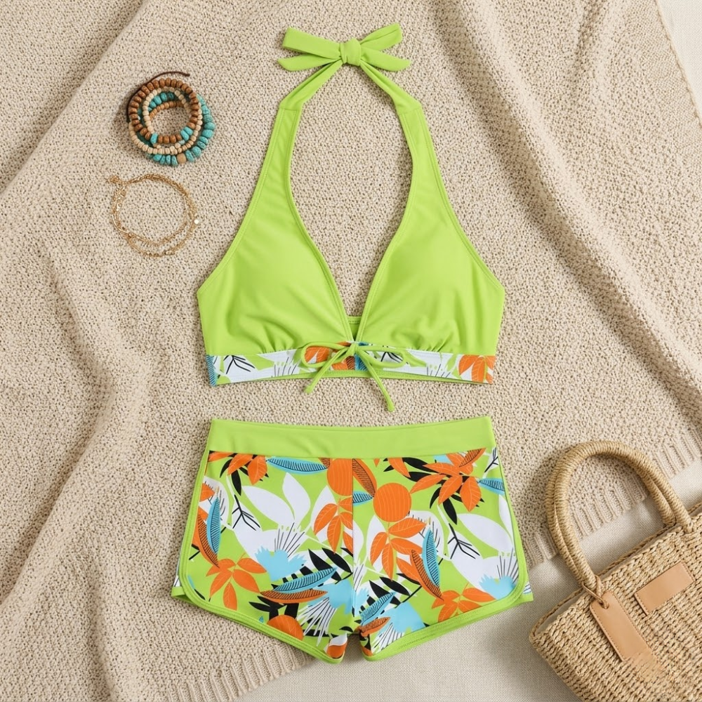 Halter Neck High Waist Bikini Set for Women – Printed Two Piece Swimwear