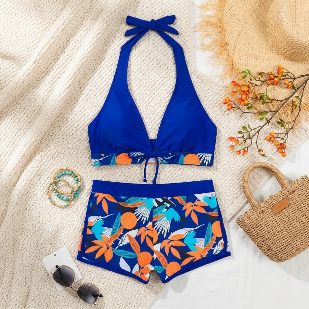 Halter Neck High Waist Bikini Set for Women – Printed Two Piece Swimwear