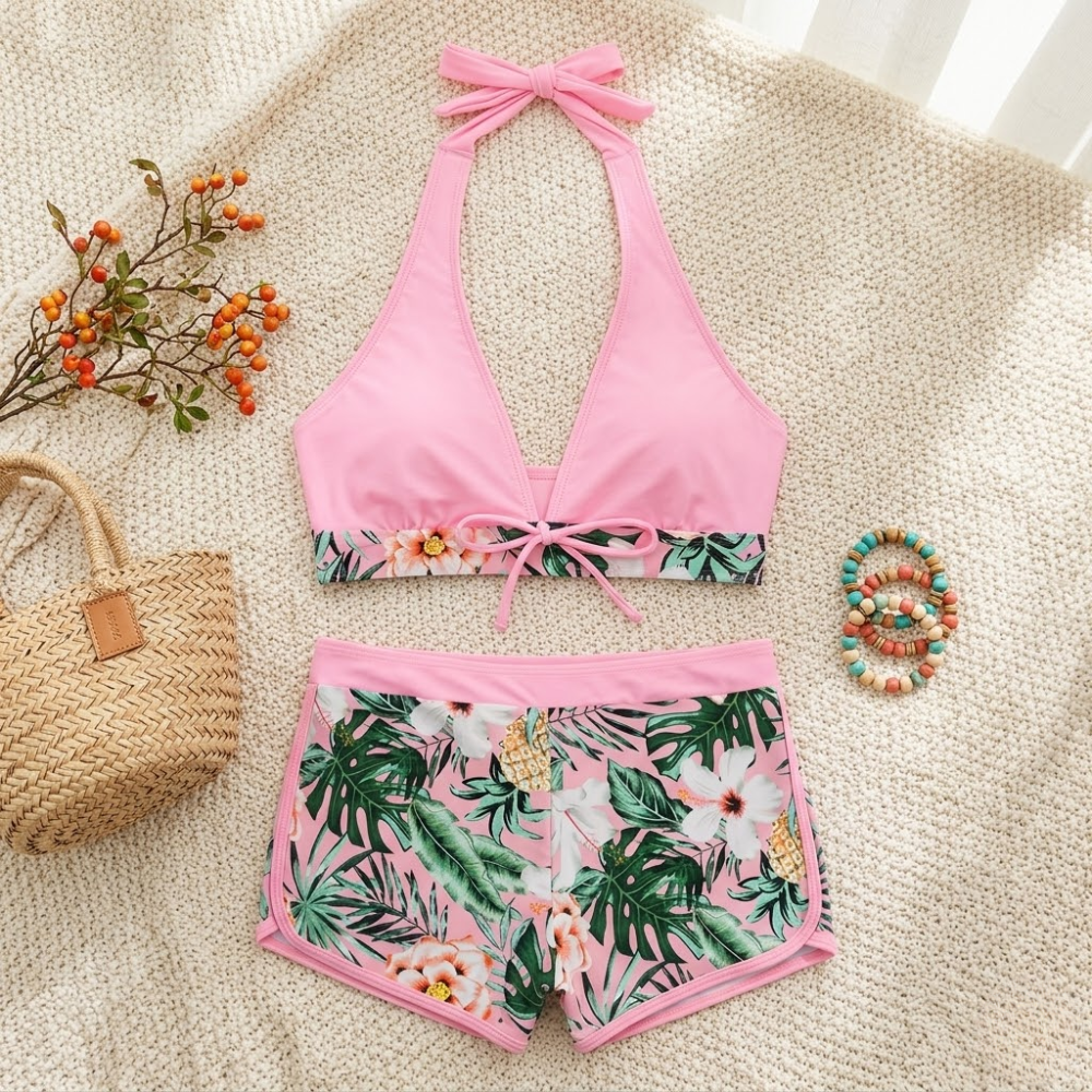Halter Neck High Waist Bikini Set for Women – Printed Two Piece Swimwear