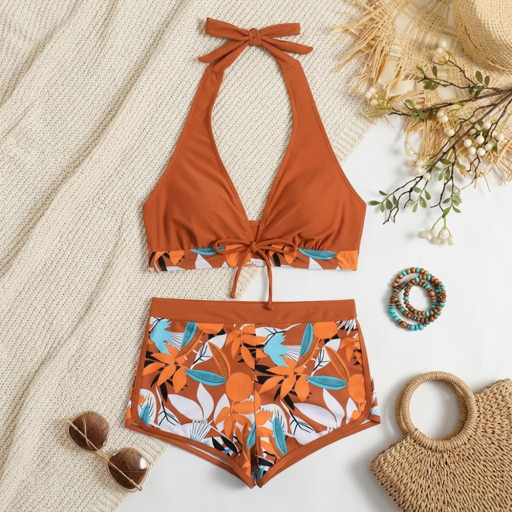 Halter Neck High Waist Bikini Set for Women – Printed Two Piece Swimwear
