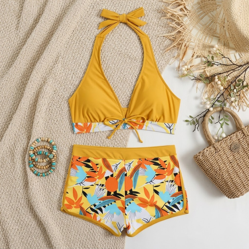 Halter Neck High Waist Bikini Set for Women – Printed Two Piece Swimwear