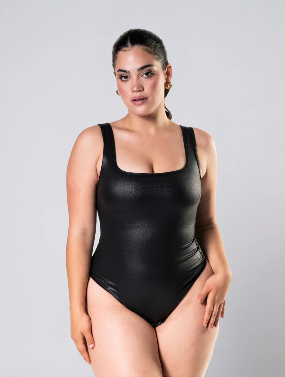 Faux Leather Bodysuit for Women – Long Sleeve Stretch Body with Smooth Finish