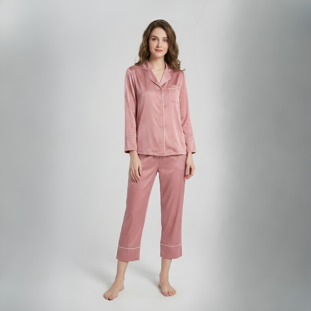Seiden-Nachtwäsche Pyjama Set für Damen | Langarm Zweiteilig mit Knöpfen