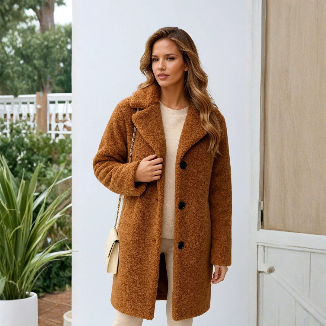 Damen-Langer Teddy-Mantel mit Knopfverschluss | Reverskragen