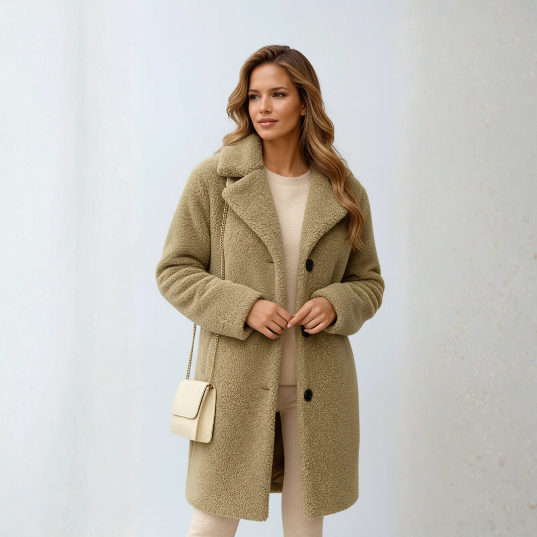 Damen-Langer Teddy-Mantel mit Knopfverschluss | Reverskragen