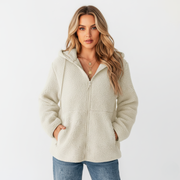 Fleece Teddy Jacke Jacke Damen | Reißverschluss-Kapuzenpullover mit Kordelzug