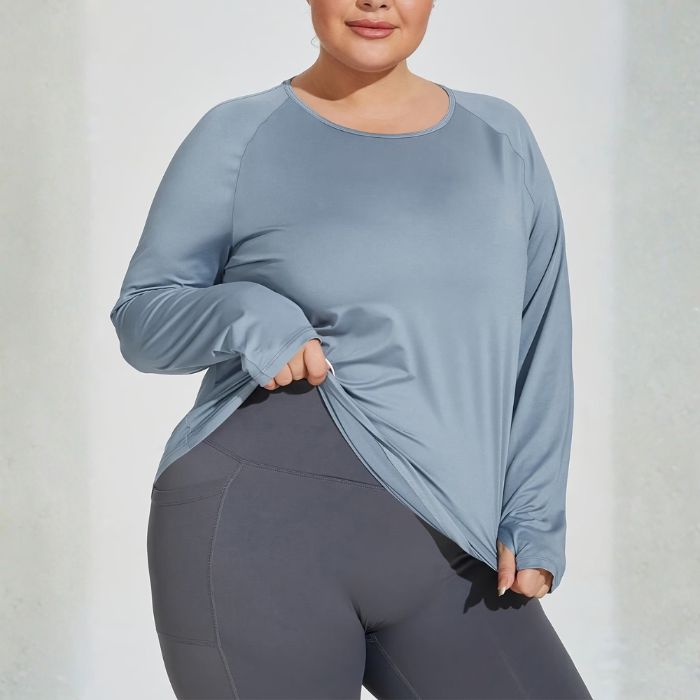 Plus Size Langarmtop mit Rundhals und Rückendruck für Damen
