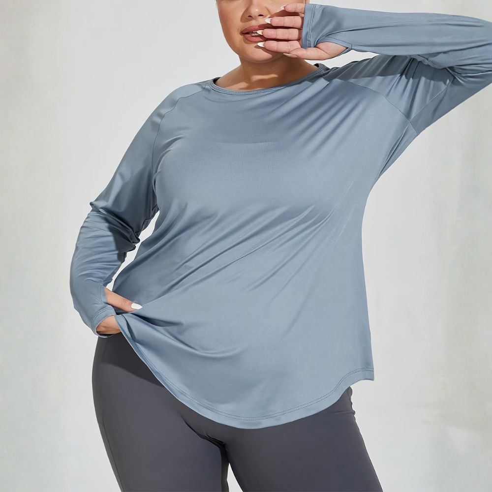 Plus Size Langarmtop mit Rundhals und Rückendruck für Damen